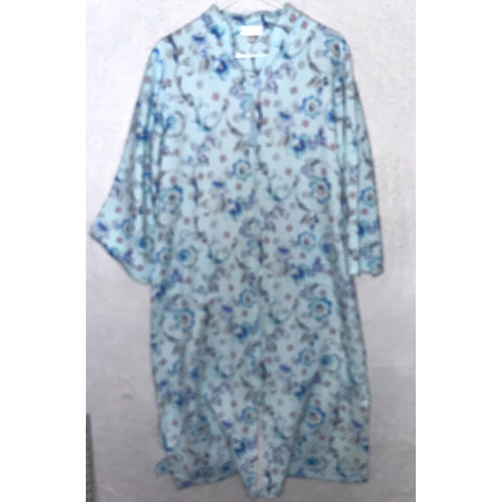 MISS ELAINE Zip Front Quilted Robe 3/4 Sleve Nightgown Pockets Sz M Blue Floral